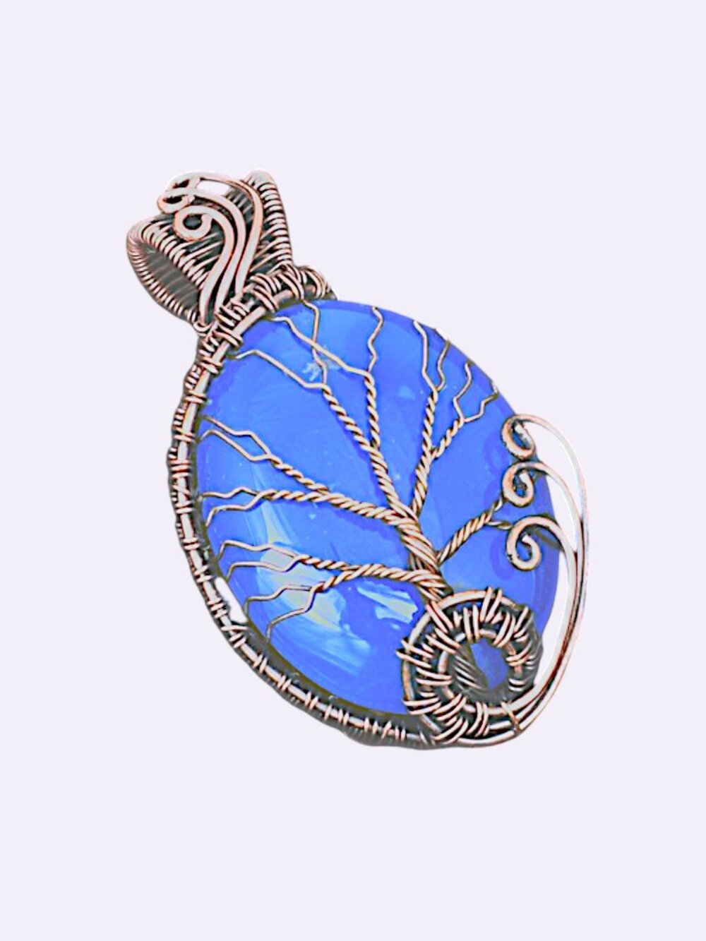 Blue Chalcedony Gemstone Copper Wire Tree of Life Pendant 2.4"